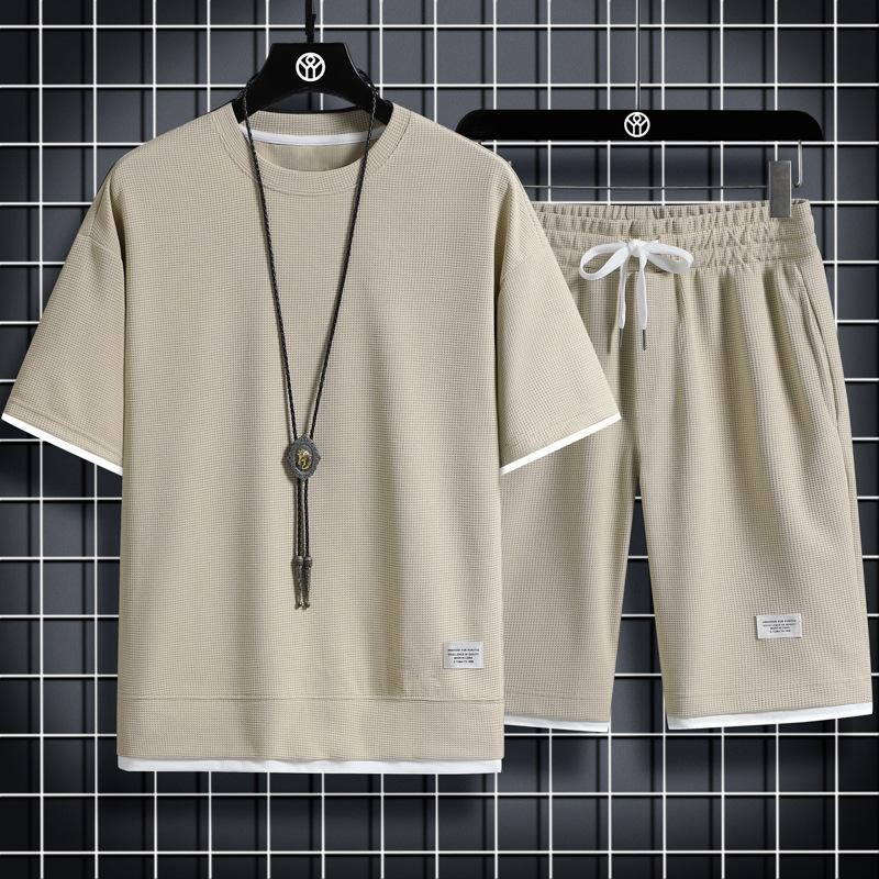 Summer Men's Waffle Sets Casual T-Shirt And Shorts Set Male Sports Suit gallery