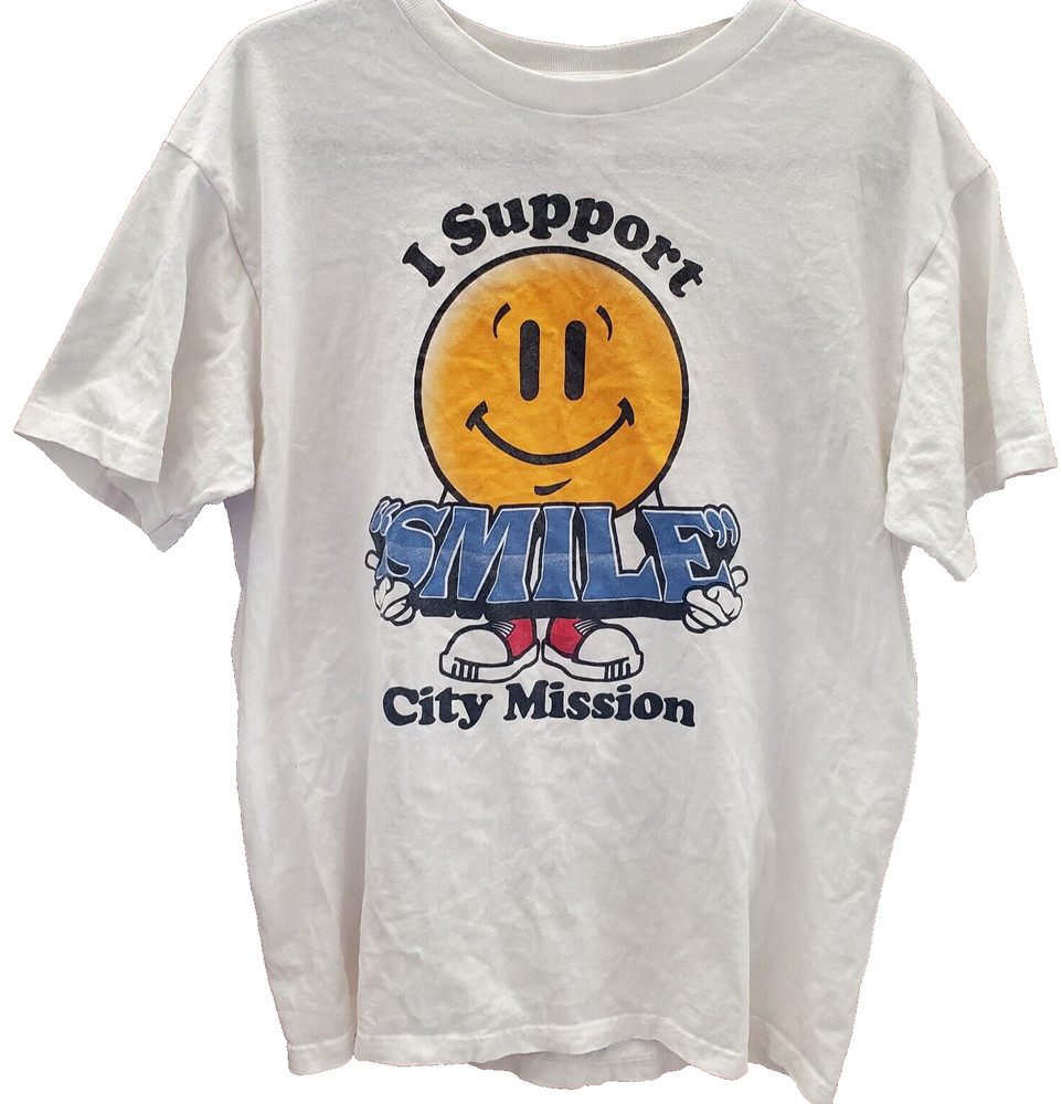 I Support Smile City Mission Smiley Face Shirt Size Large White Graphic T-Shirt