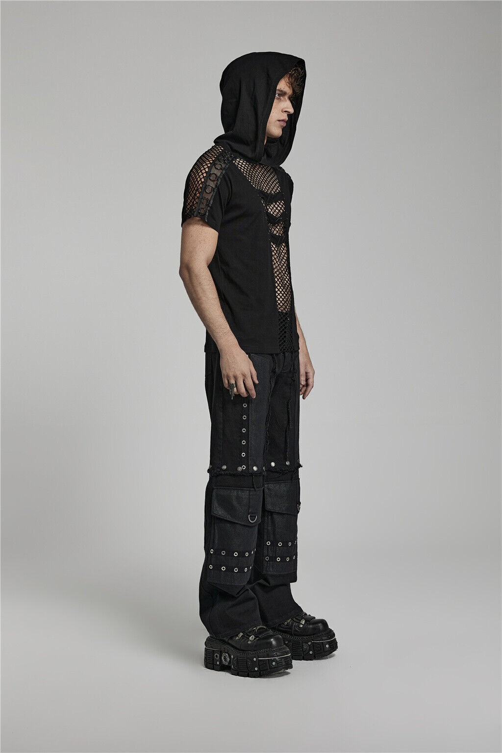 Punk Rave Black Slim Mesh Splicing Tops Sexy Knitted Hooded Cotton Men T-Shirt gallery