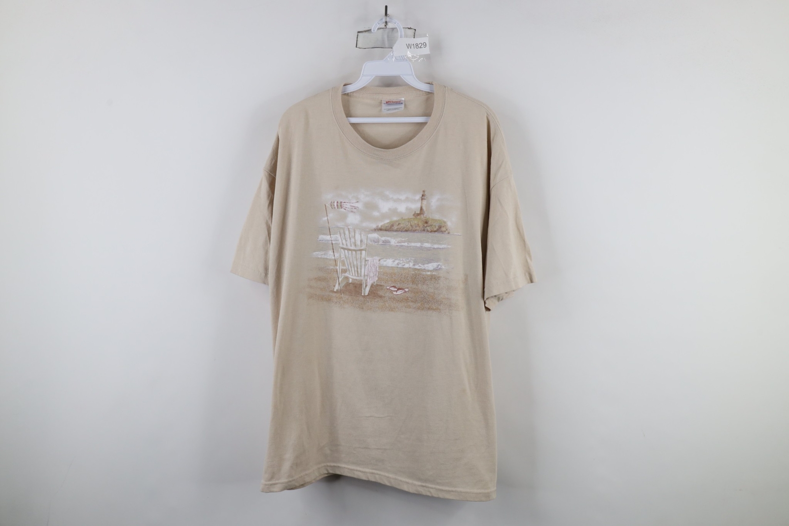 Vintage 90s Streetwear Mens XL Distressed Beach Lighthouse T-Shirt Beige Cotton gallery