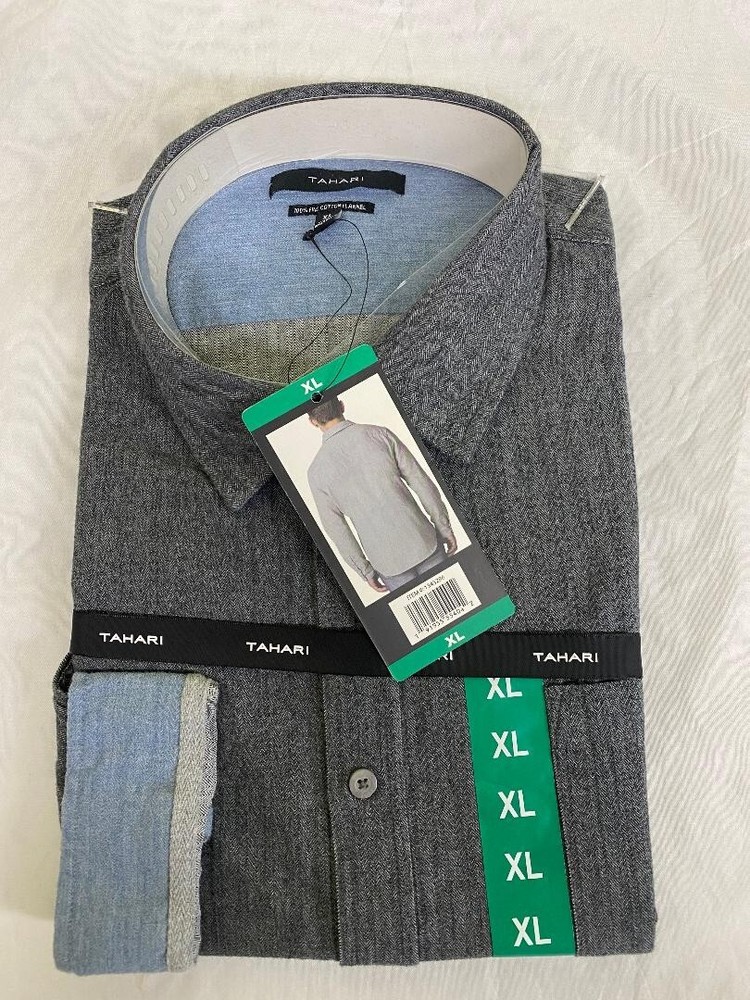 TAHARI MEN’S BRUSHED HERRINGBONE BUTTON DOWN SHIRT ( GRAY/DK GRAY X-LARGE) NWT