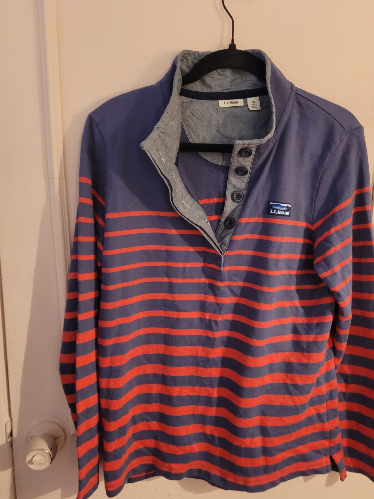 L.L.Bean womens M Regular Henley Long Sleeve Striped T-Shirt Blue Red Gray gallery