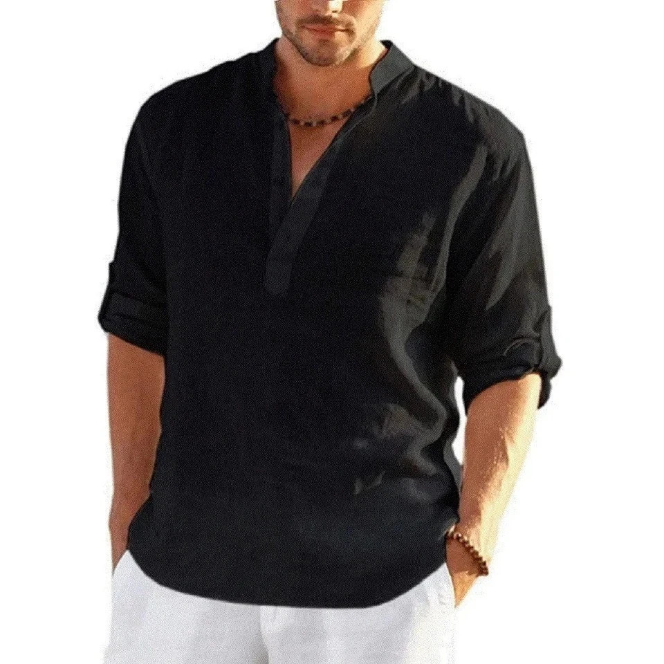 Men's Cotton Linen Henley Long Sleeve Shirt Casual Beach T-shirt Tee Summer Gift gallery