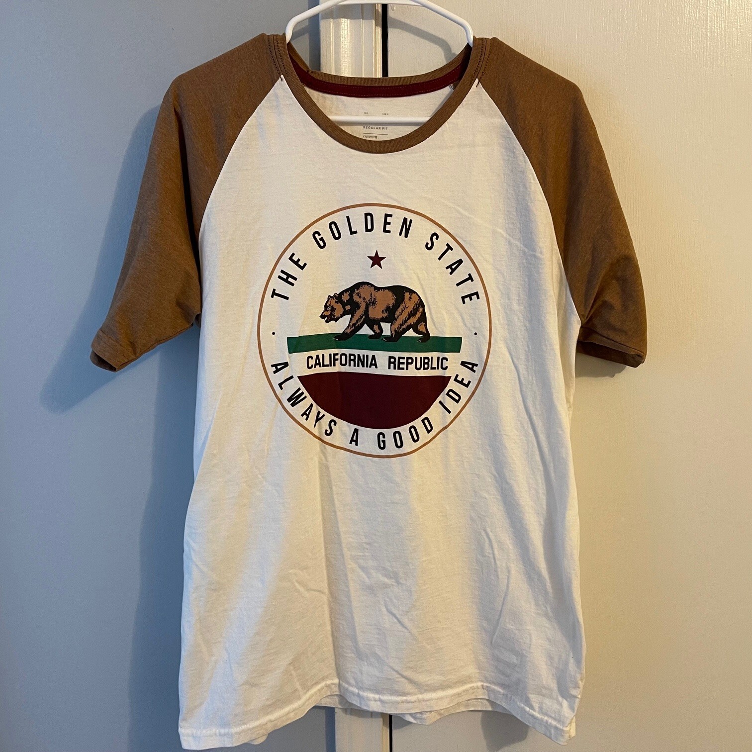 Golden State California Bear Graphic 3/4 Long Sleeve T-Shirt White & Brown Large