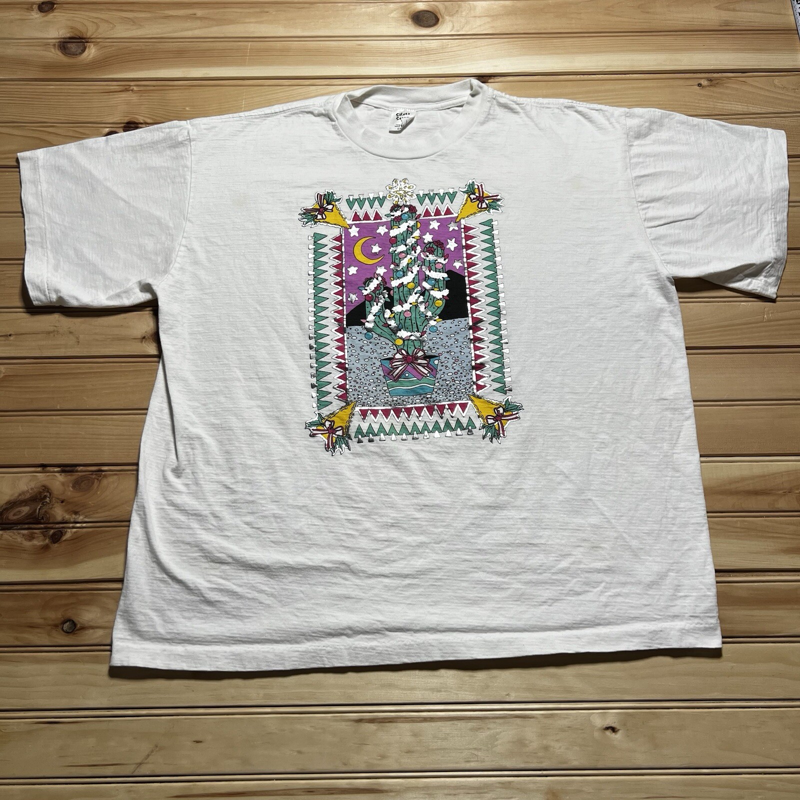Vintage 90s Ugly Christmas Tree Cactus Art Shirt Size OSFA Single Stitch