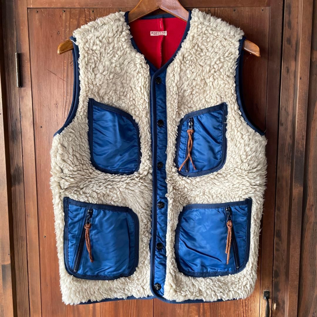 KAPITAL Boa Fleece Vest Navy Cream Unisex M Wool Nylon 4 Pockets gallery