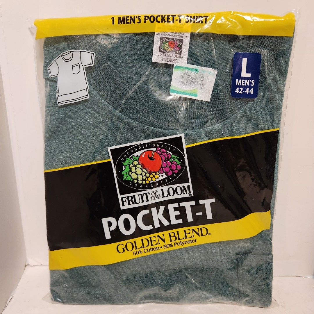 Vtg 1998 Fruit Of The Loom Pocket T Shirt SZ Large Lot of 2, Green Navy Blue gallery