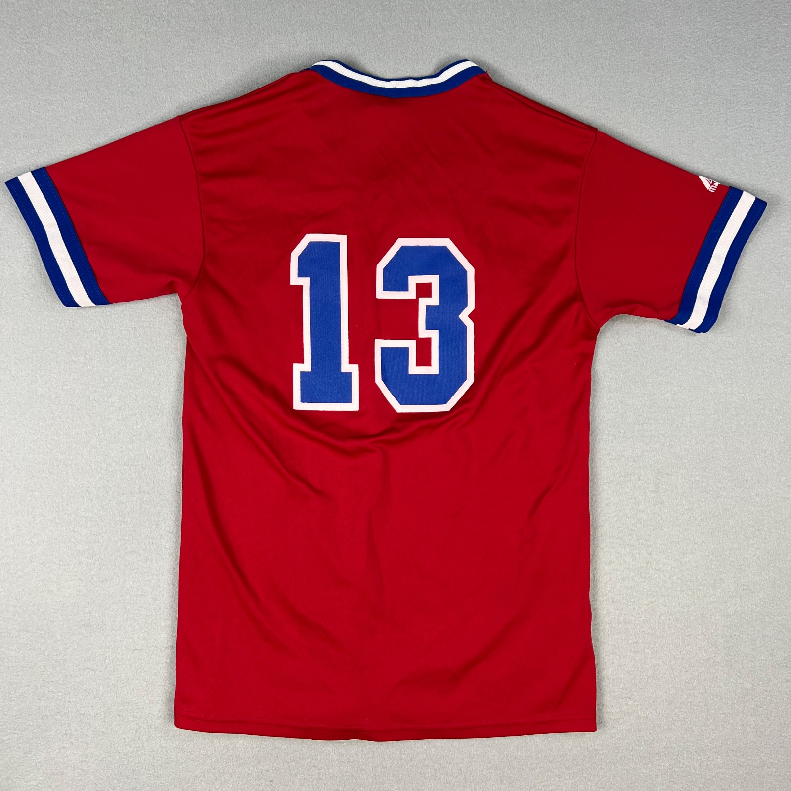 VTG Majestic 131s Jersey T-Shirt Small Red Blue V-Neck Baseball Style 90s USA gallery