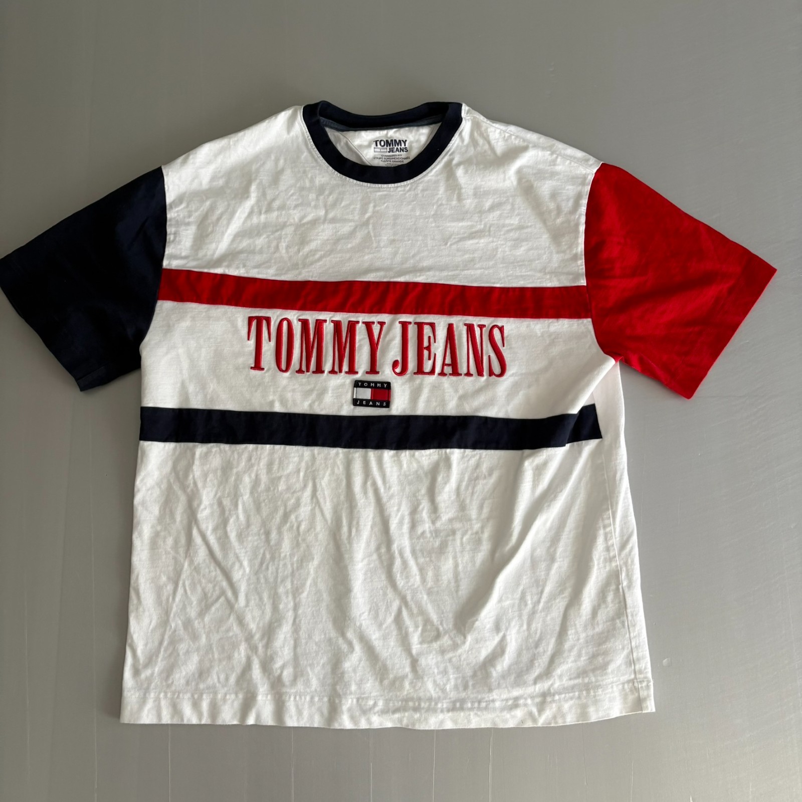 Tommy Jeans Oversized Fit Color Block T-Shirt L Flag Logo Embroidered VTG 90 80 gallery