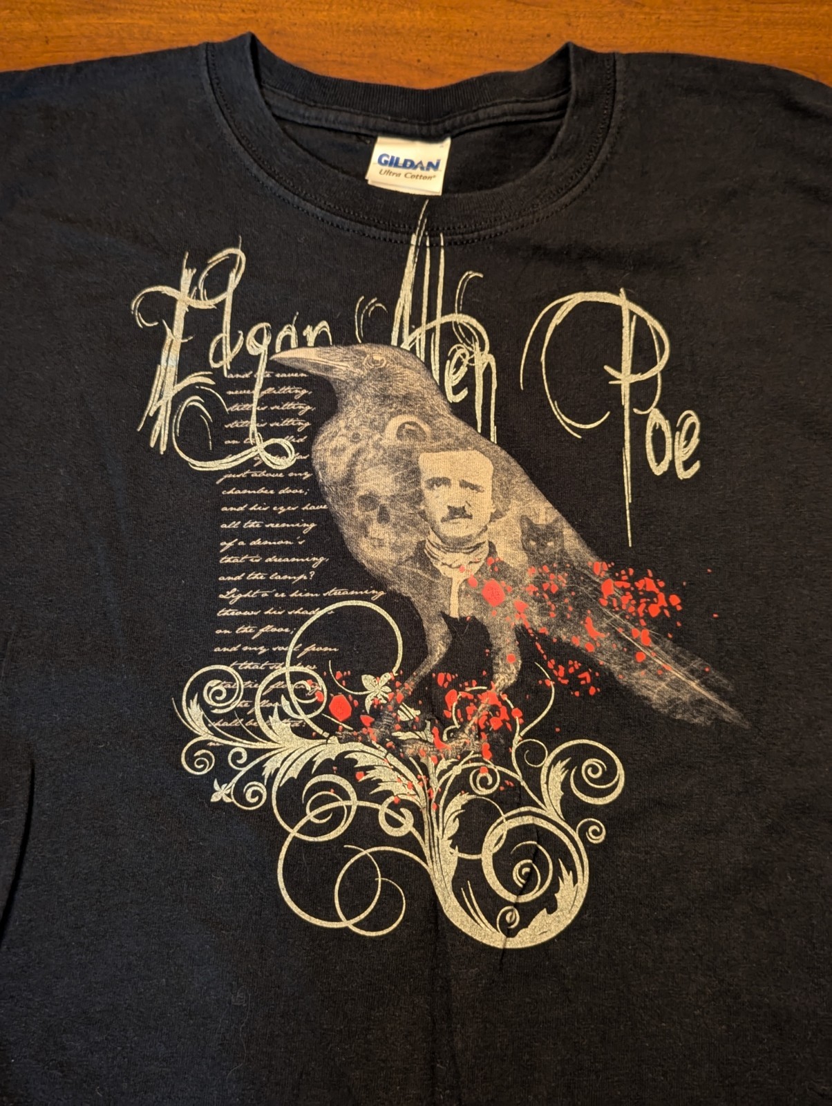 Vintage Gilden Edgar Allan Poe XL Black Raven Crow Gothic Art T-Shirt Like New! gallery