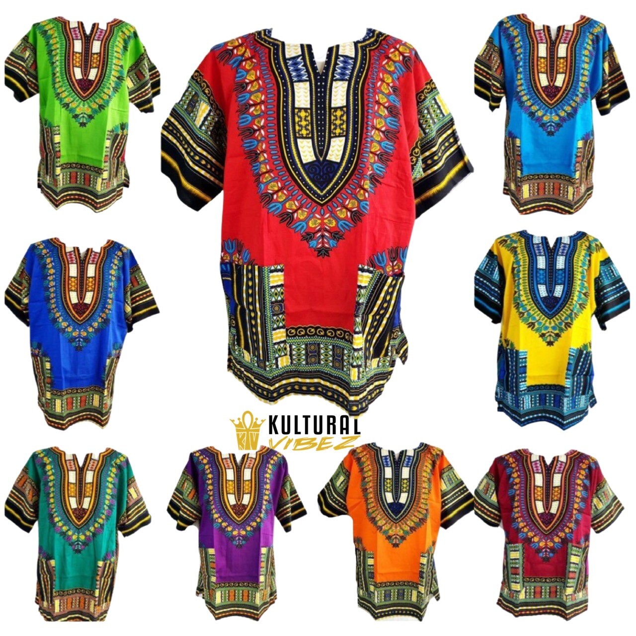 #1 Best Quality Unisex African Bright Dashiki 100%Cotton Shirt Variety Colors. gallery