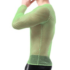 Mens Fishnet Shirts Mesh Transparent Long-Sleeve Muscle T-Shirt Undershirt Tops