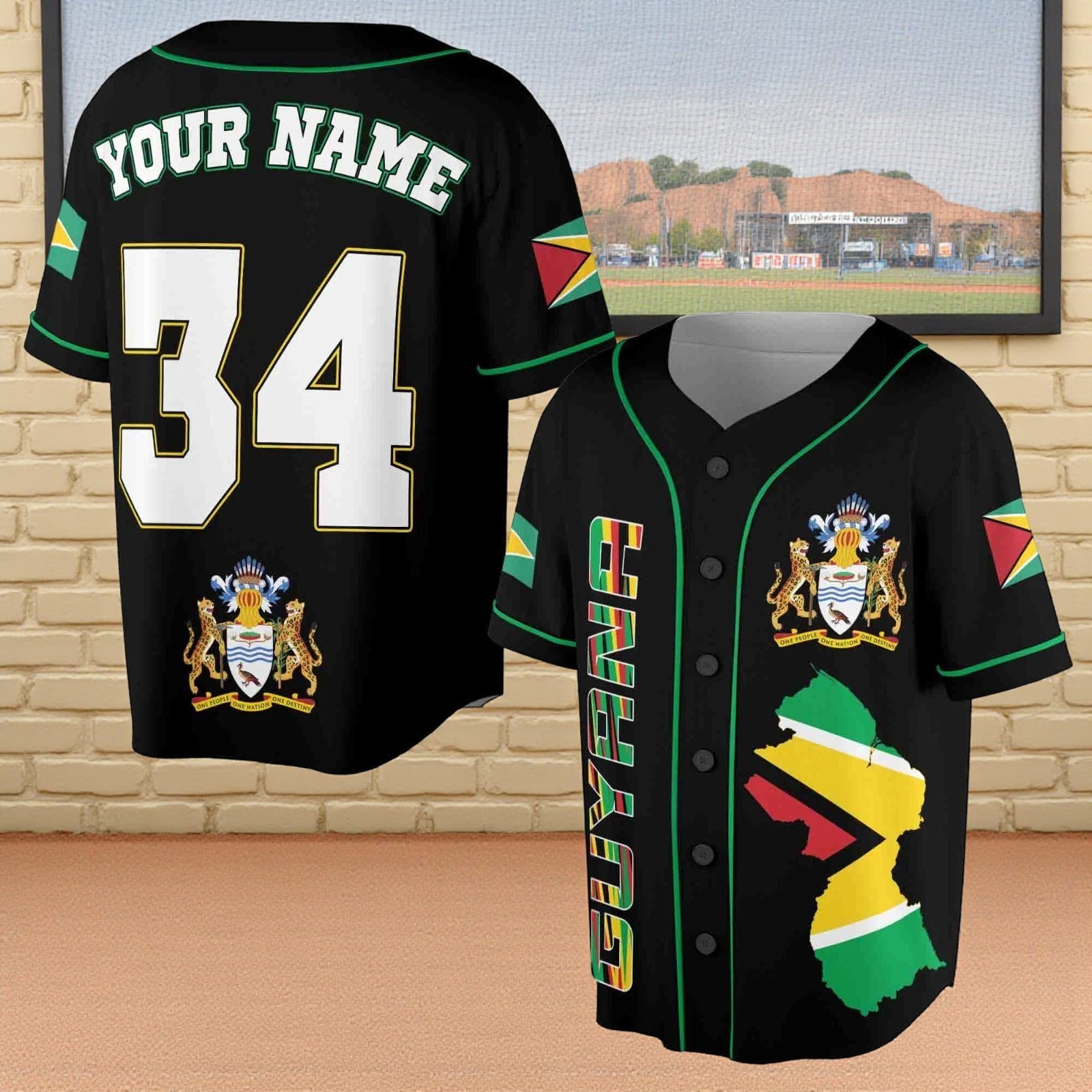 Personalized Name & Number Guyana Flag Coat of Arms Baseball Jersey Unisex S-5XL gallery