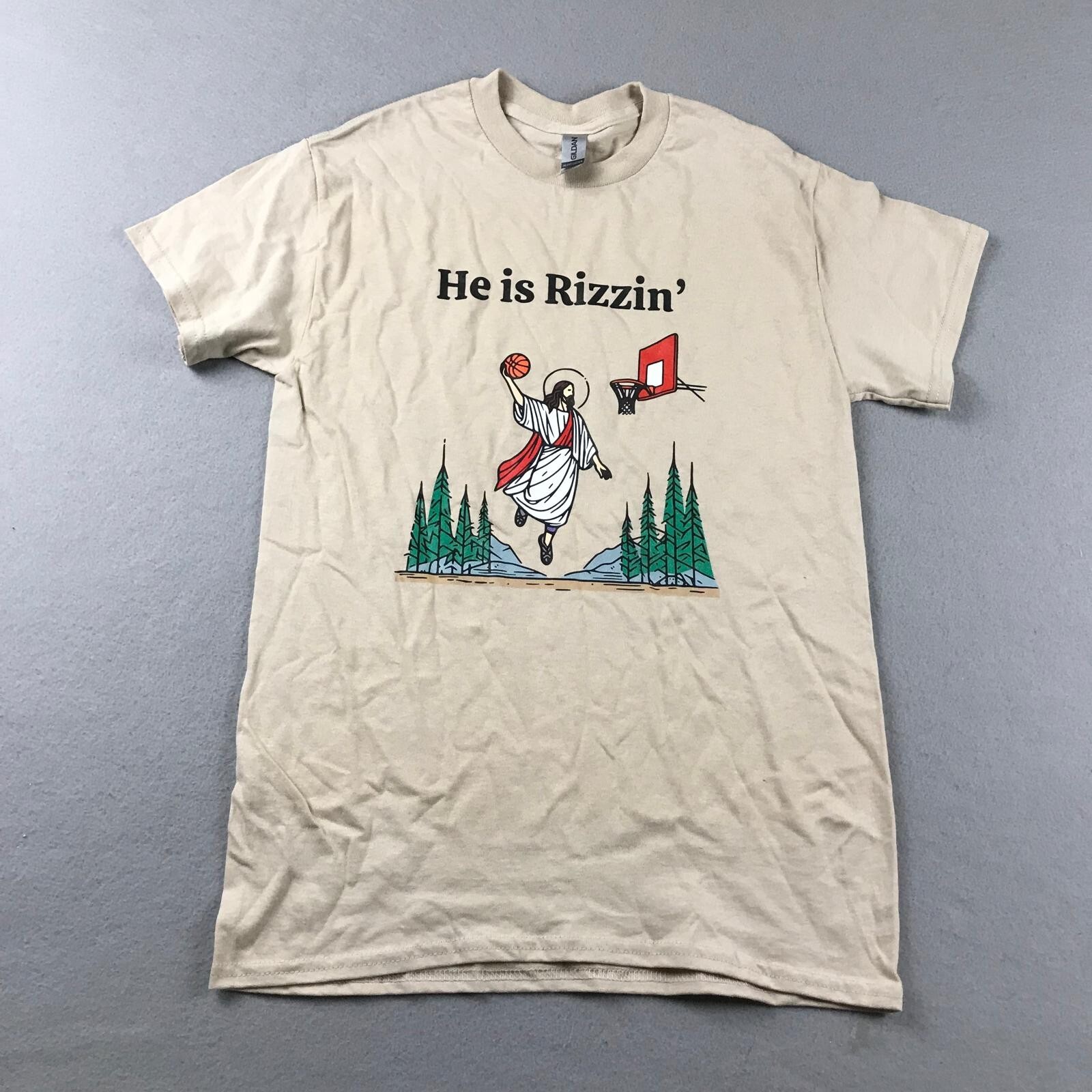He Is Rizzin Shirt Adult Small Beige Short Sleeves Jesus Christian Humor Tee