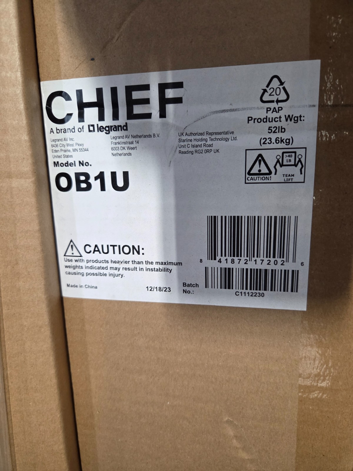 Chief Over-the-Whiteboard Interactive Display Mount – OB1U