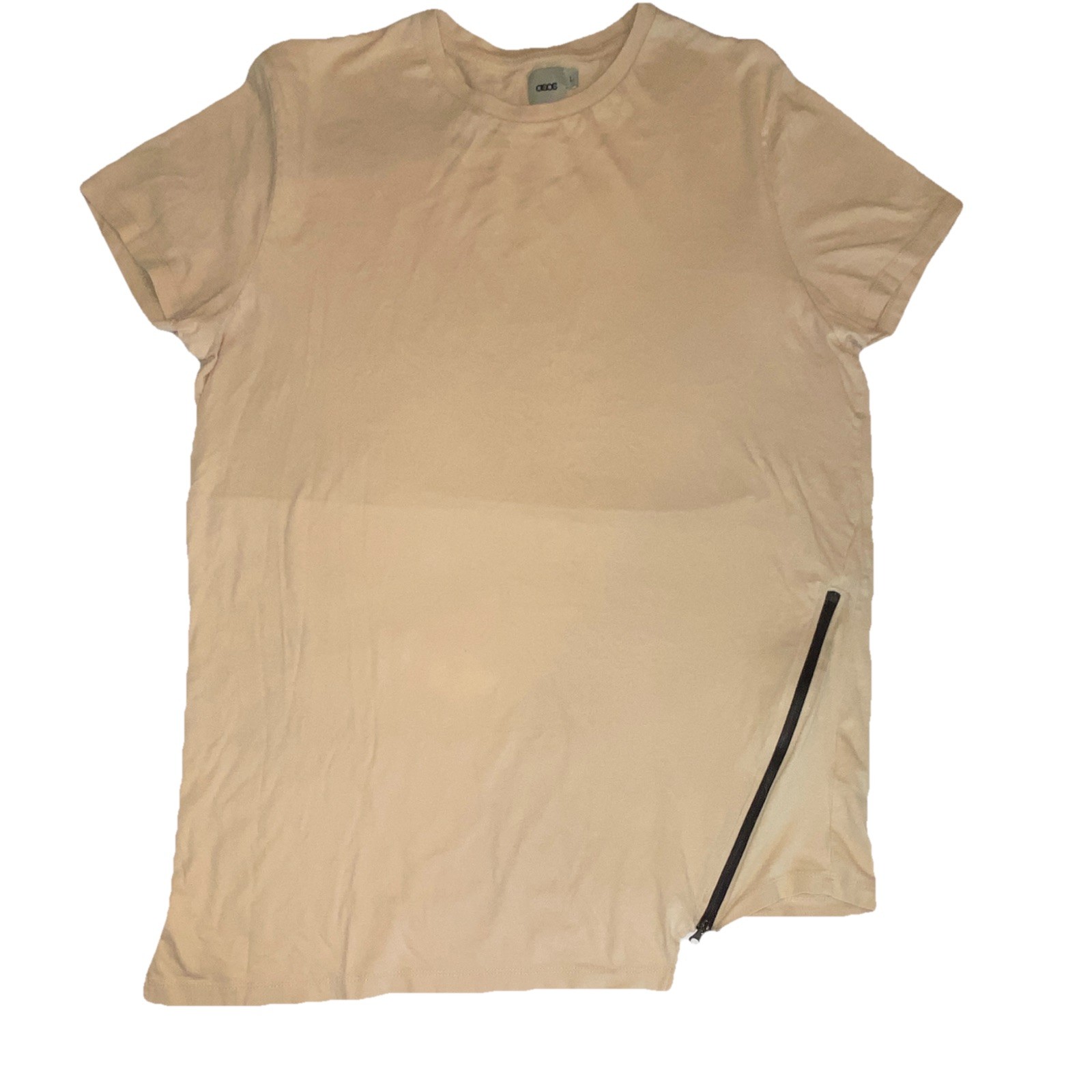 ASOS Men's Beige Solid Crew Neck Short Sleeve T-Shirt w/ Zipper Accent L gallery