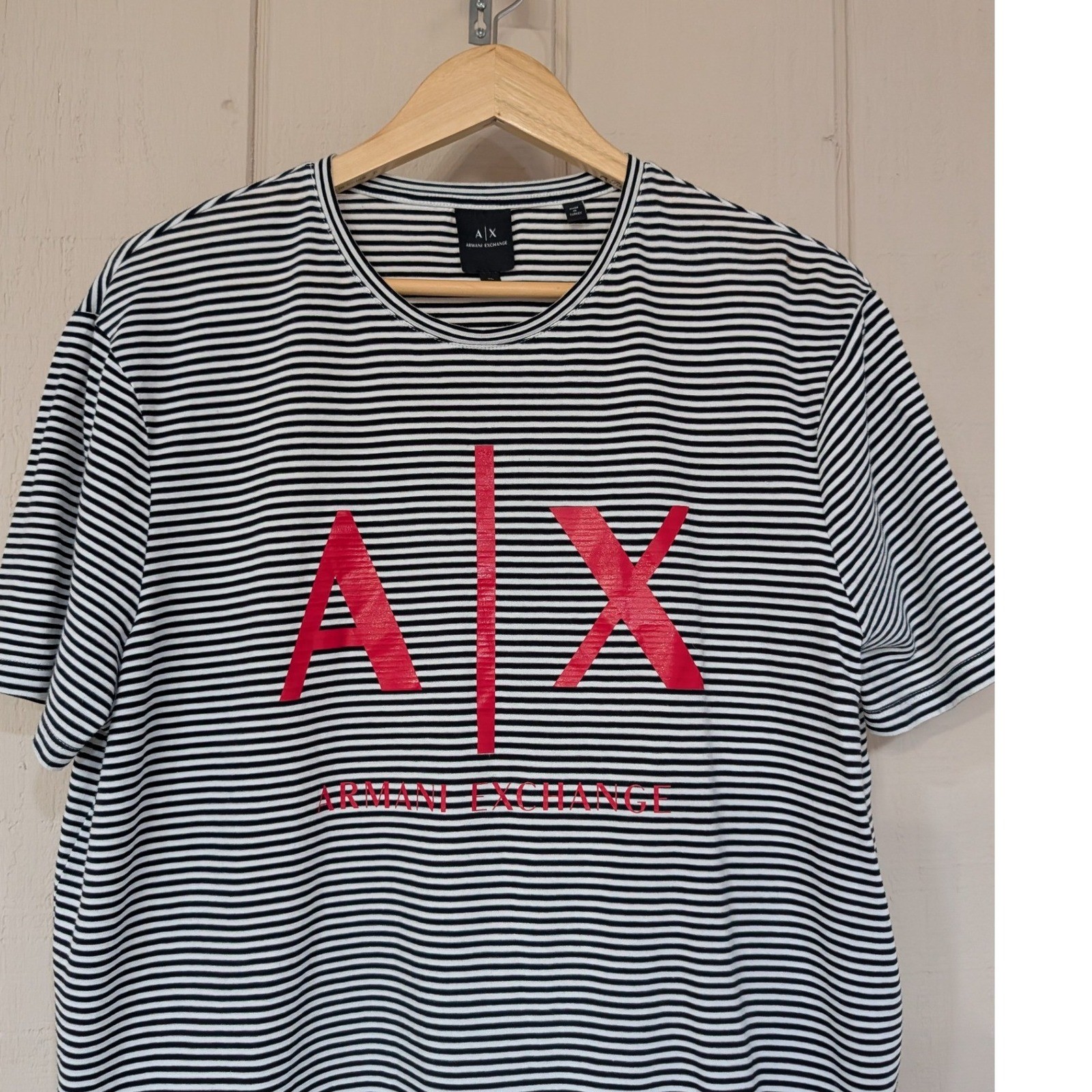 Armani Exchange Mens XL Striped Logo T-Shirt Black White Red AX Short Sleeve Tee gallery
