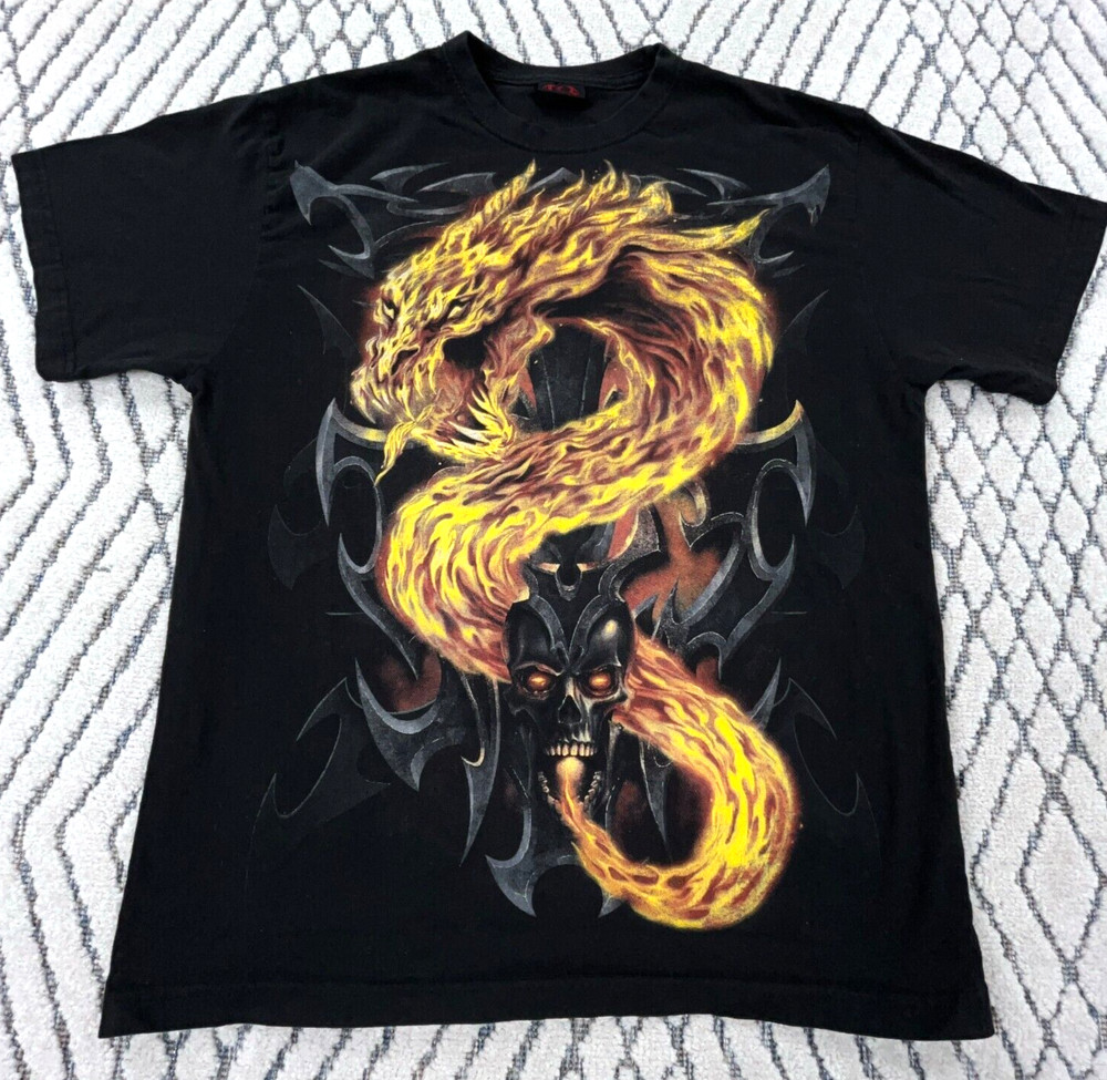 Spiral Direct Shirt Men Large Black Tee Skull Fire Flames Dragon Cyber Punk Y2K