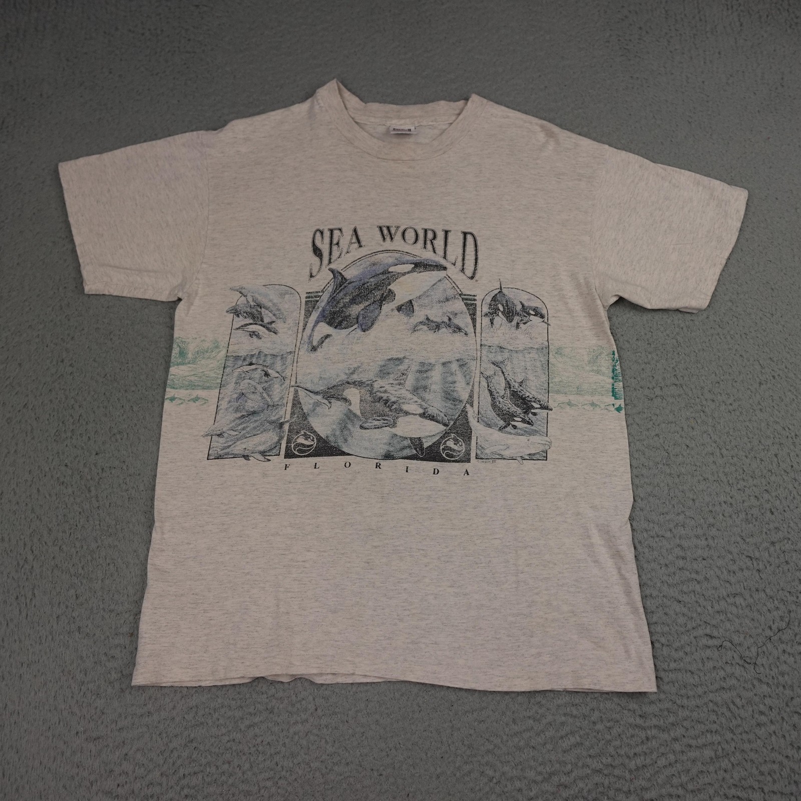 Vintage Sea World Shirt Mens Large Gray Dolphin Orca Tee 90s Made In USA Florida