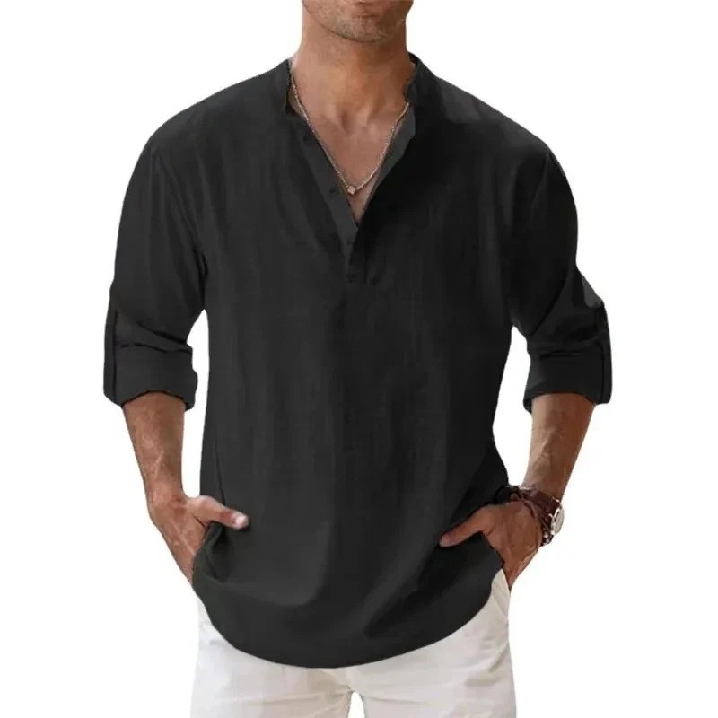 Men's Cotton Linen Henley Long Sleeve Shirt Casual Beach T-shirt Tee Summer Gift gallery