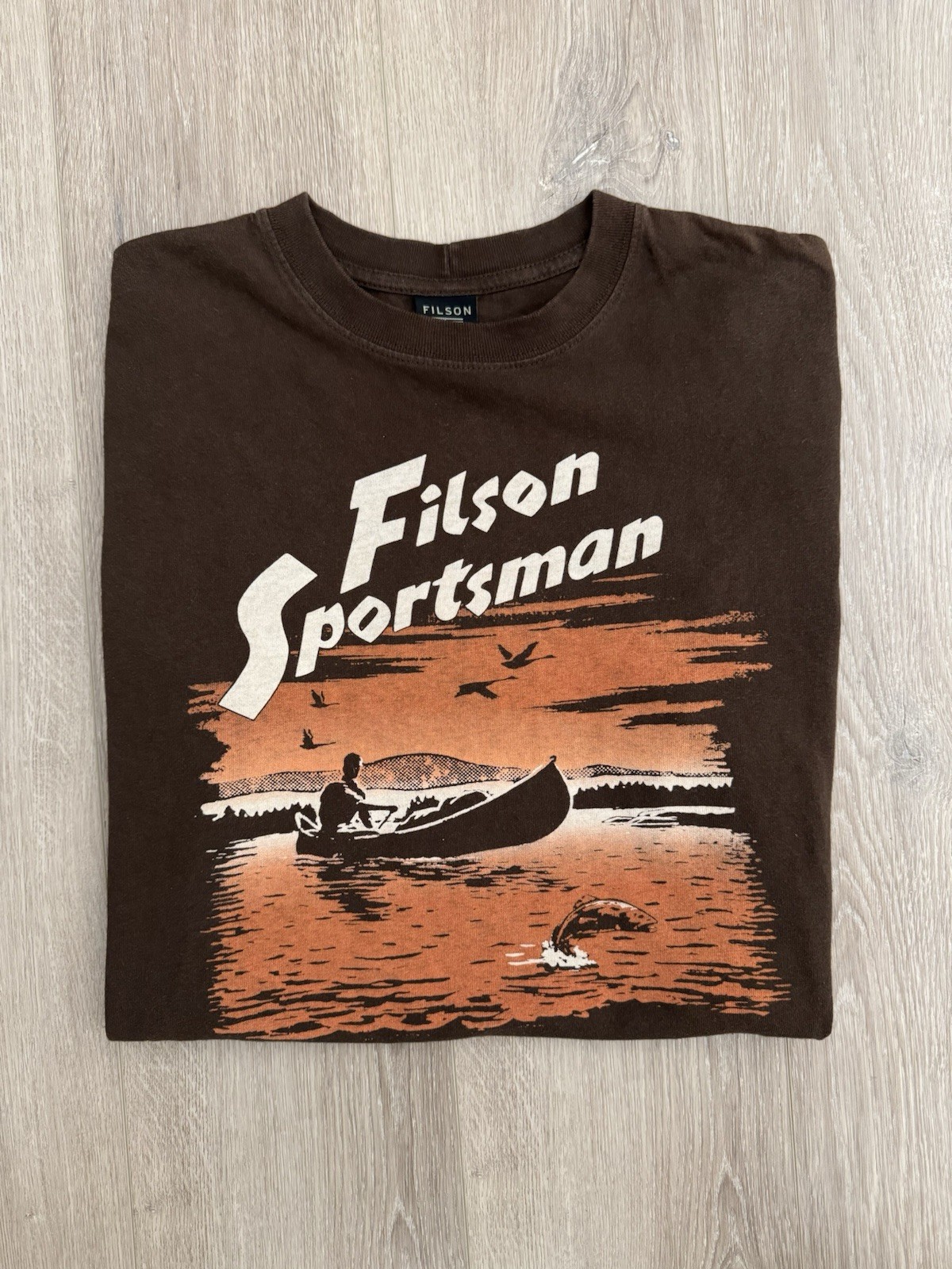 Filson Pioneer Sportsman Tee M Coffee Brown Canoe Fishing Graphic Shirt USA gallery
