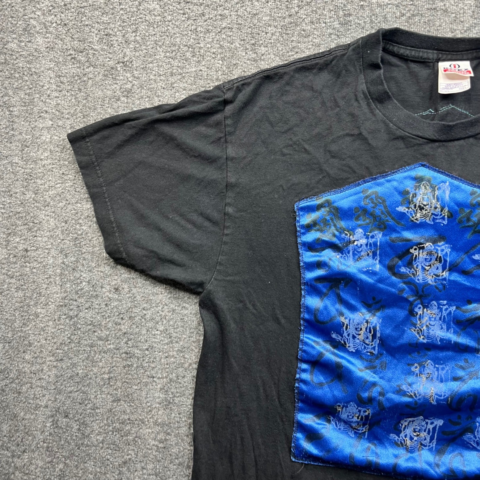 Intex T-Shirt Mens L Black Blue Satin Patch Graphic Heavy Weight Cotton Tee gallery