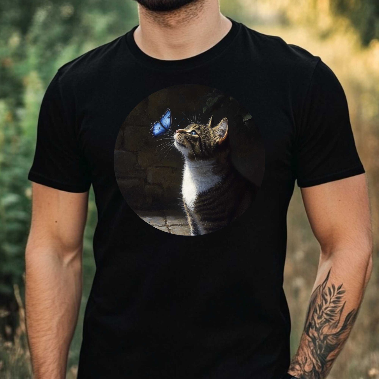 Mens Cat and Butterfly Print Cotton T-Shirt Size XS to 5XL gallery