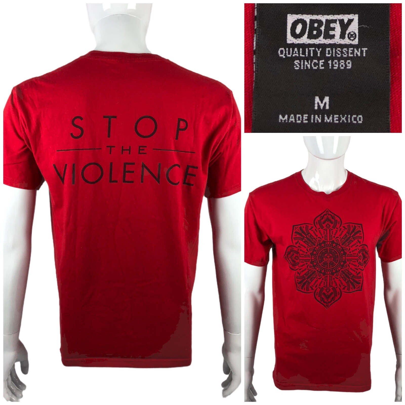 OBEY Mens Medium Shirt Red Crew Neck Stop The Violence Made In Mexico Cotton gallery