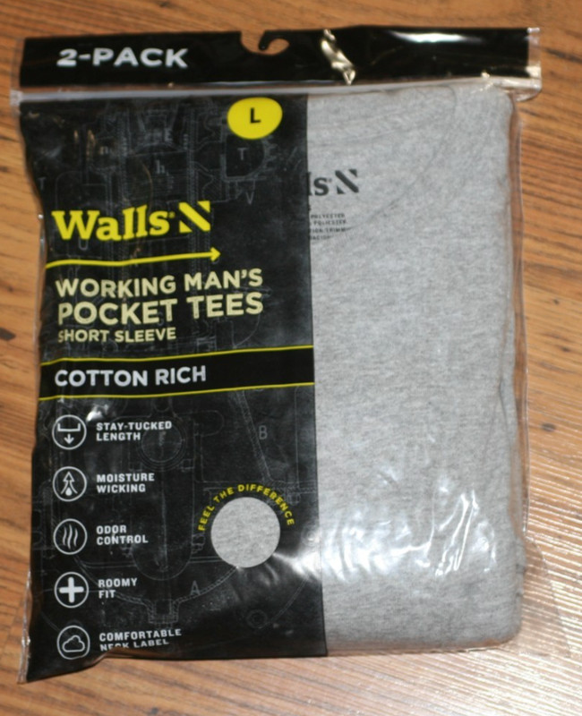 NIP Walls Working Man’s Pocket Tees S/S Cotton Rich – Large – 2 Pack – Grey