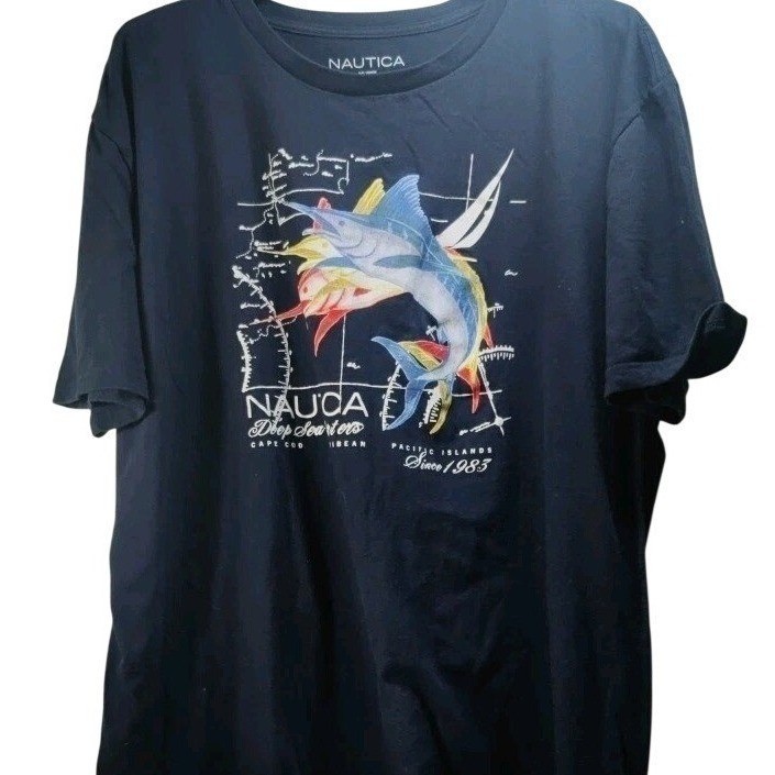 RARE Nautica Men's XXL NAVY Blue T-Shirt Deep Sea Charters CLASSIC 2xl Marlin gallery