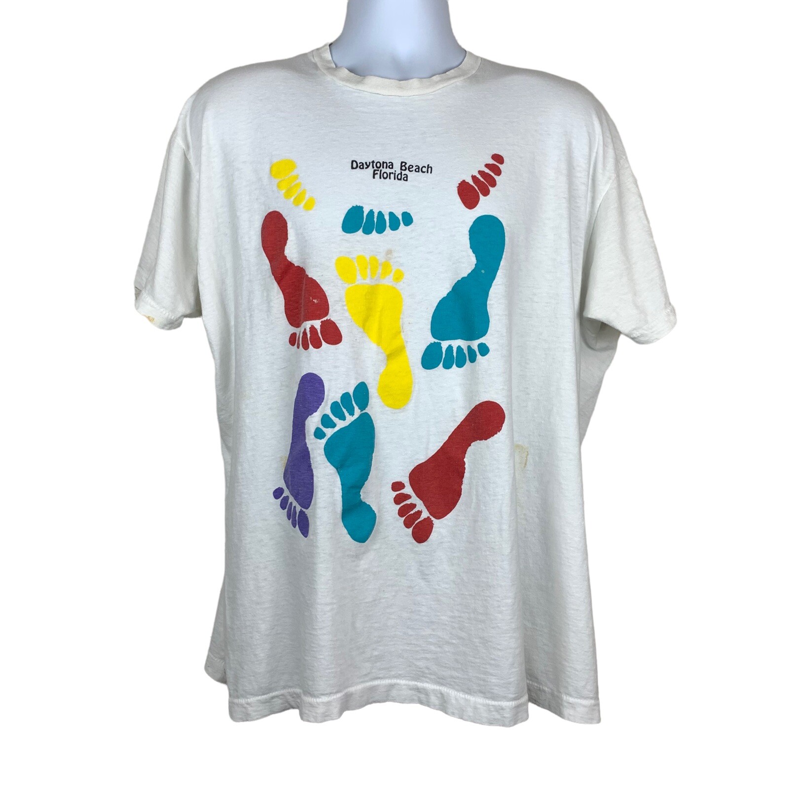 VTG Daytona Beach Florida T-Shirt Tee Sz XL Single Stitch Footprints Rainbow 90s gallery