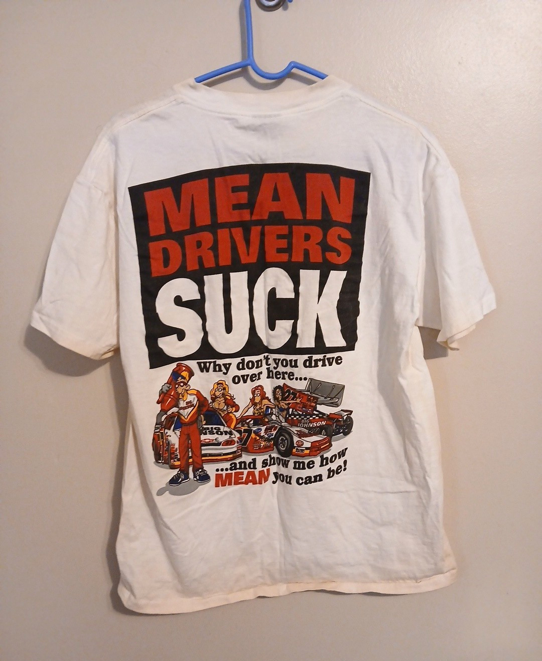 VTG Mens Big Johnson Mean Drivers Suck White Graphic T Shirt Tee L Stains READ gallery