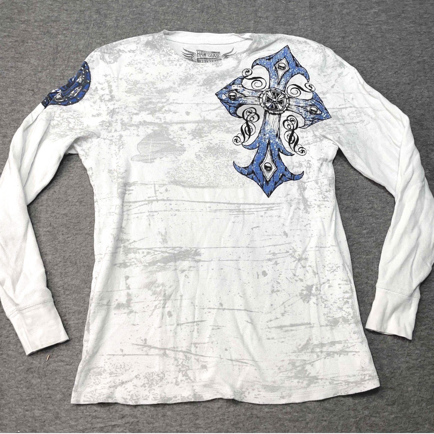 Raw State Premium Shirt Mens Small White Graphic Print Long Sleeve Trendy y2k gallery
