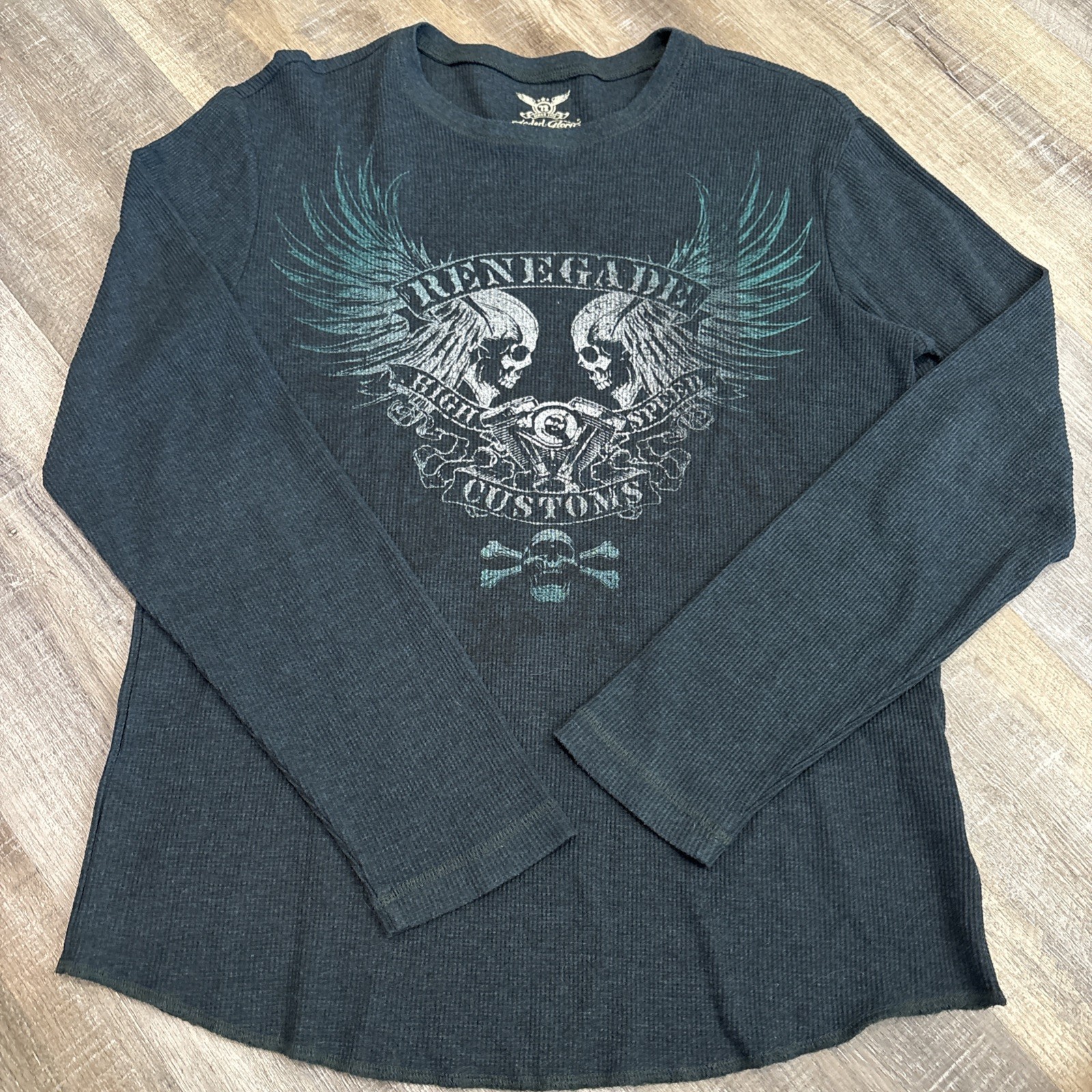 Y2K Thermal Shirt Mens L Waffle Knit Goth Grunge Skull Wings Navy Biker Tattoo