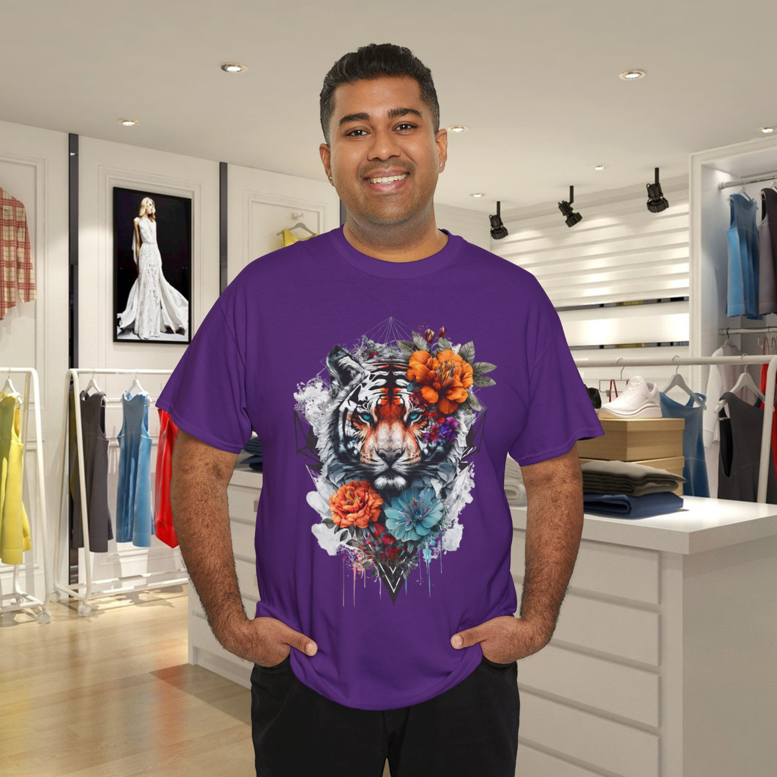Tiger Flowers Blue Eyes Animal Print Art Tiger T-Shirt gallery