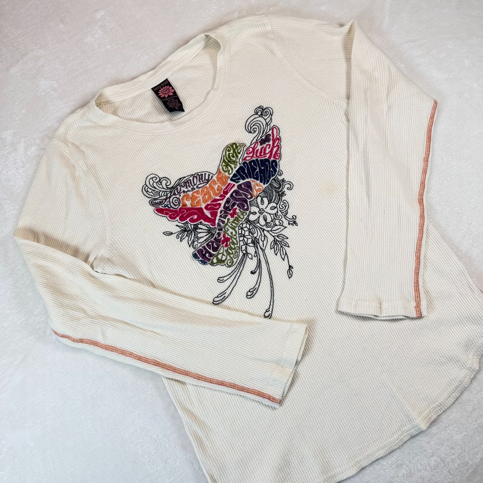 Vintage Lucky Brand Y2K Thermal Shirt Embroidered Velvet Design Womens XL Hippie gallery