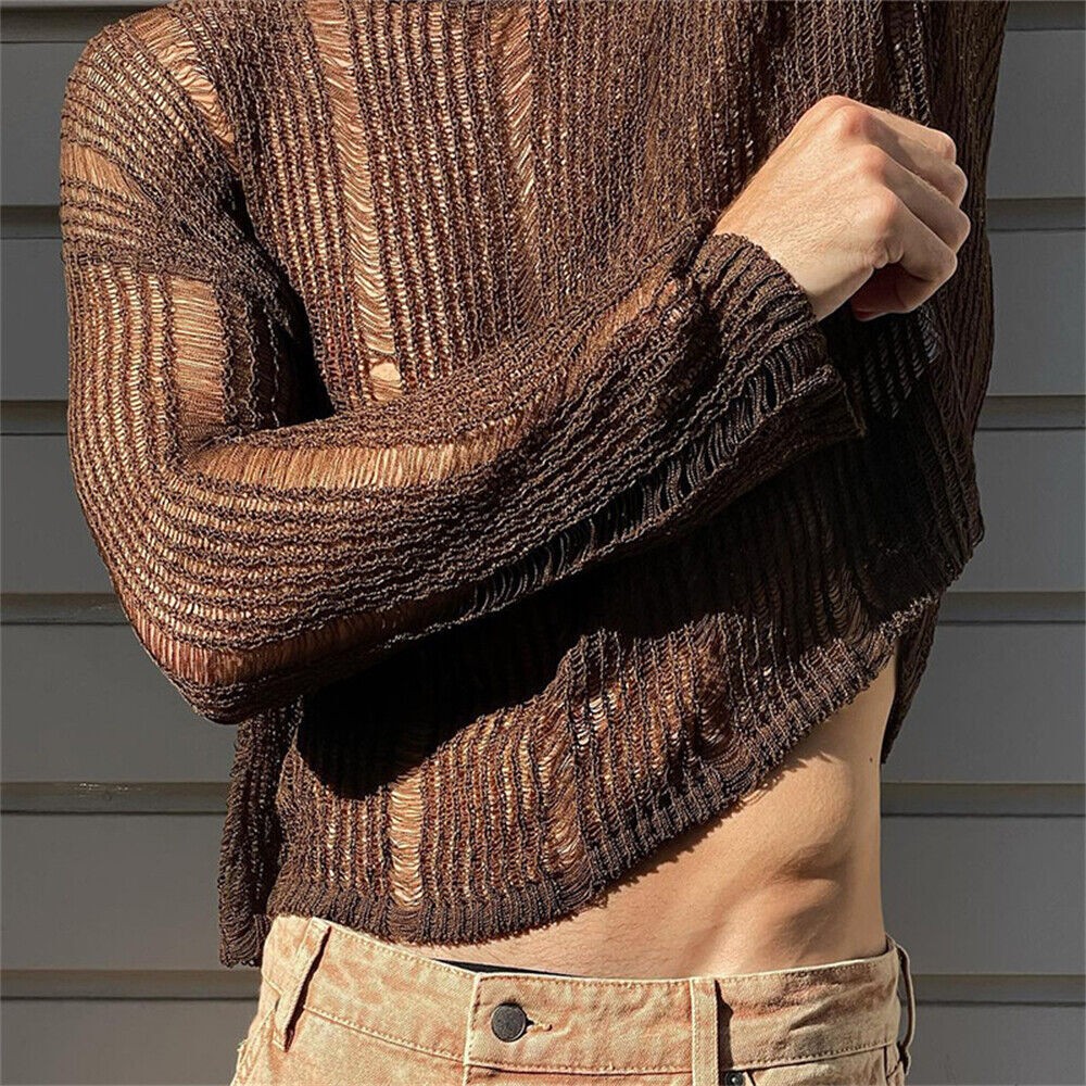 Sexy Mens Crochet Hollow Out T-Shirt Casual Shirt Tops Long Sleeve Summer