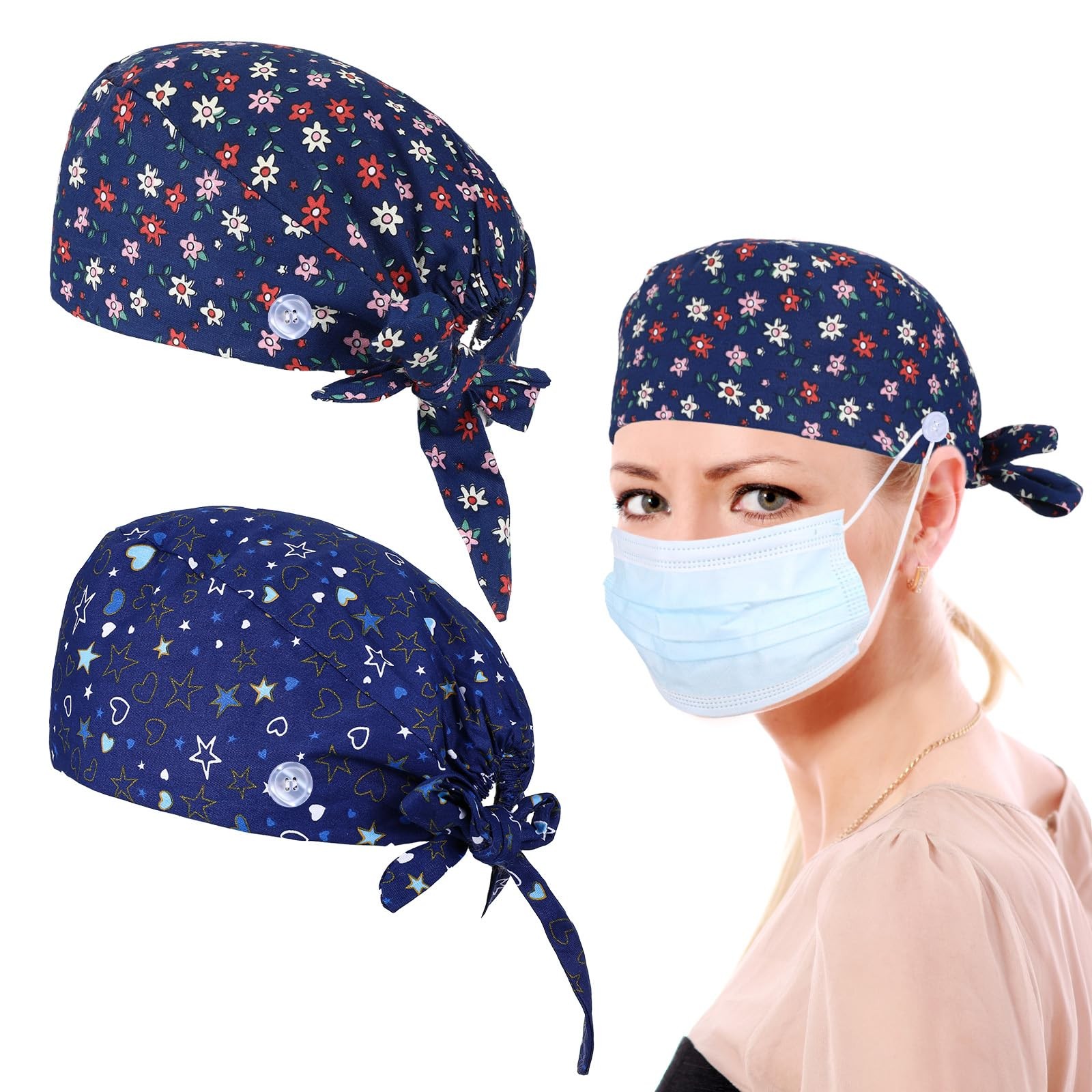 2 Pcs Scrub Caps Women, Adjustable Working Cap Working Cap with Buttons Ponyt…
