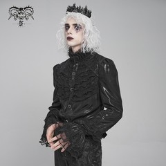 Devil Fashion Men Black Gothic Punk Retro Jacquard Faux Leather Spliced Shirt