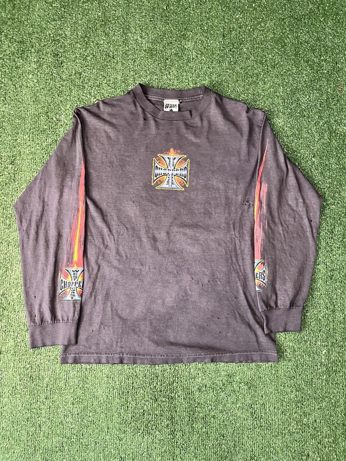 90s Jesse who west coast choppers flame sleeve size L tshirt with distressing gallery