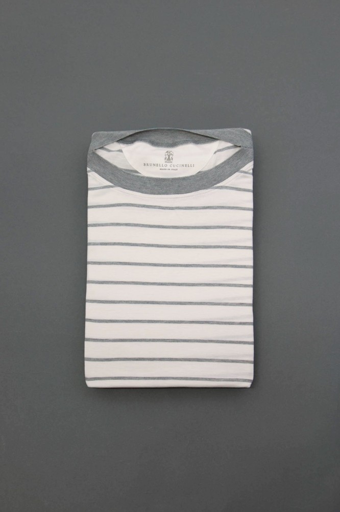 NWT$1200 Brunello Cucinelli Silk Blend Short Sleeve Stripe Boat Neck Tee M A258