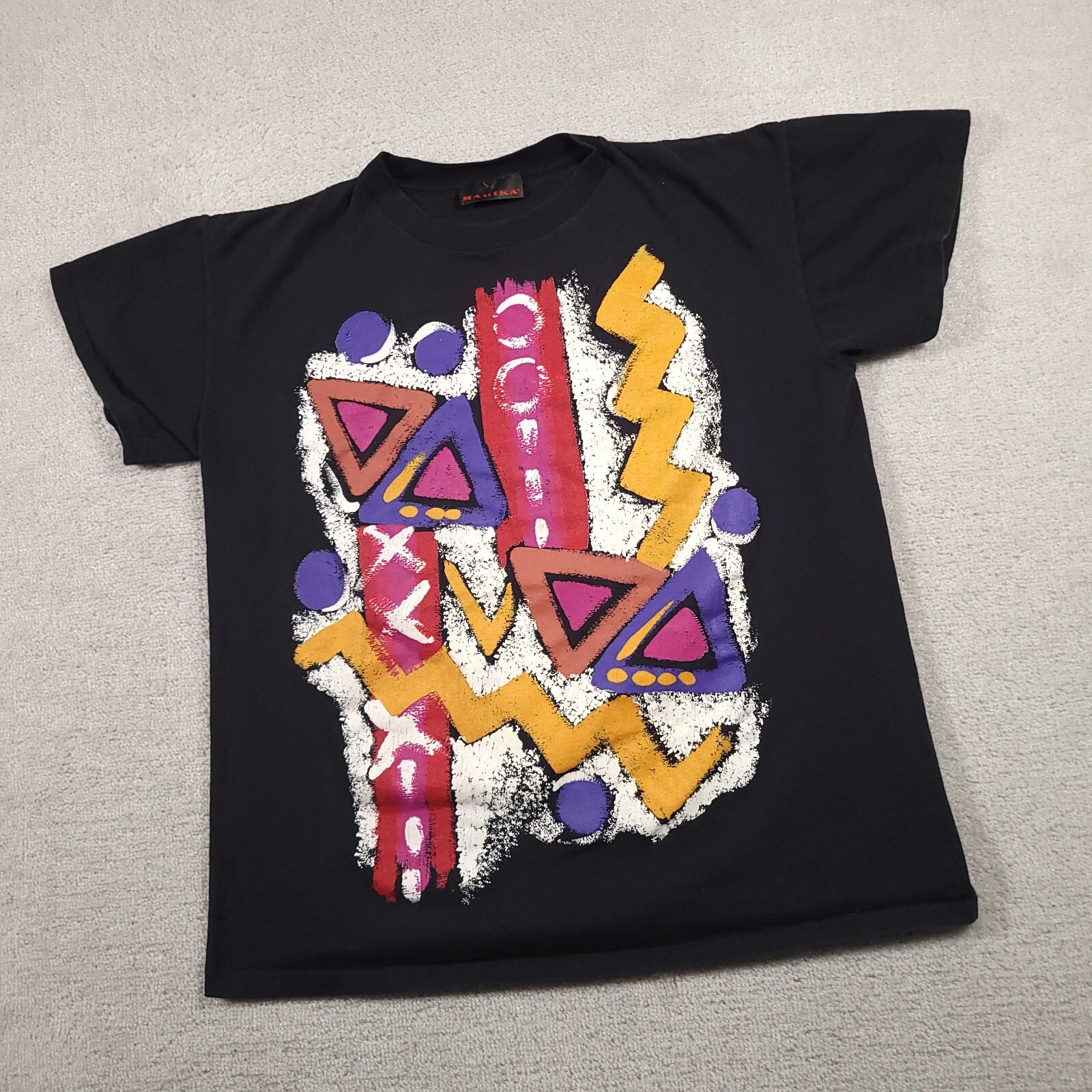 Vtg Marika T-Shirt Mens OSFA All Over Print Black Art Painting Abstract 90s USA gallery