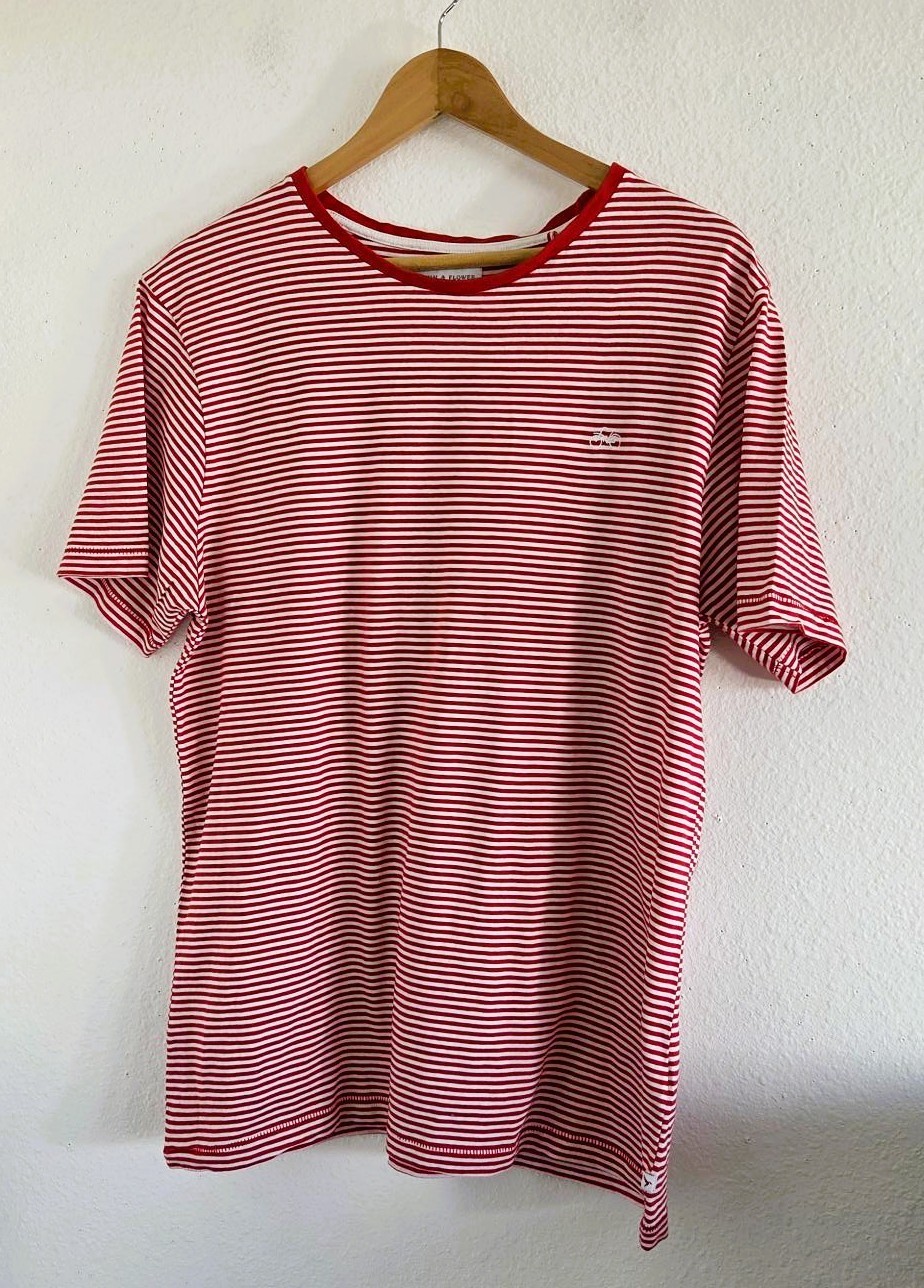 Denim & Flower Ricky Singh Men's Red & White Stripe Logo Striped T-Shirt Size L gallery