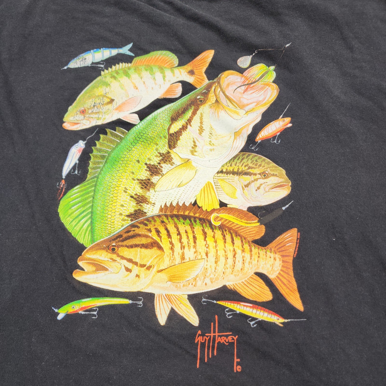 Guy Harvey MENS XXL Graphic T Shirt Black Largemouth Bass Peacock Baits Aftco