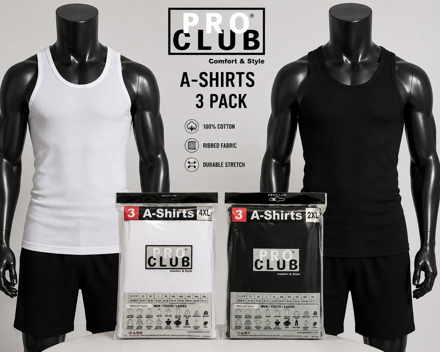 3 PACK PRO CLUB MENS A-SHIRT SIZES (S- 5XL) RIBBED TANK TOP WHITE/BLACK gallery