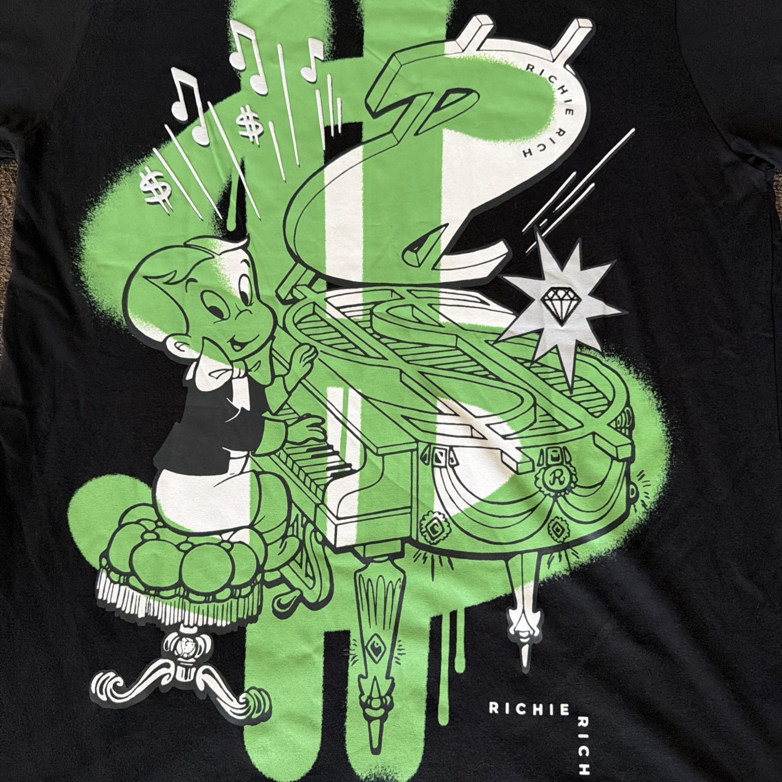 Richie Rich Graphic T Shirt Black Neon Green Piano Print Size L Tee NWT gallery