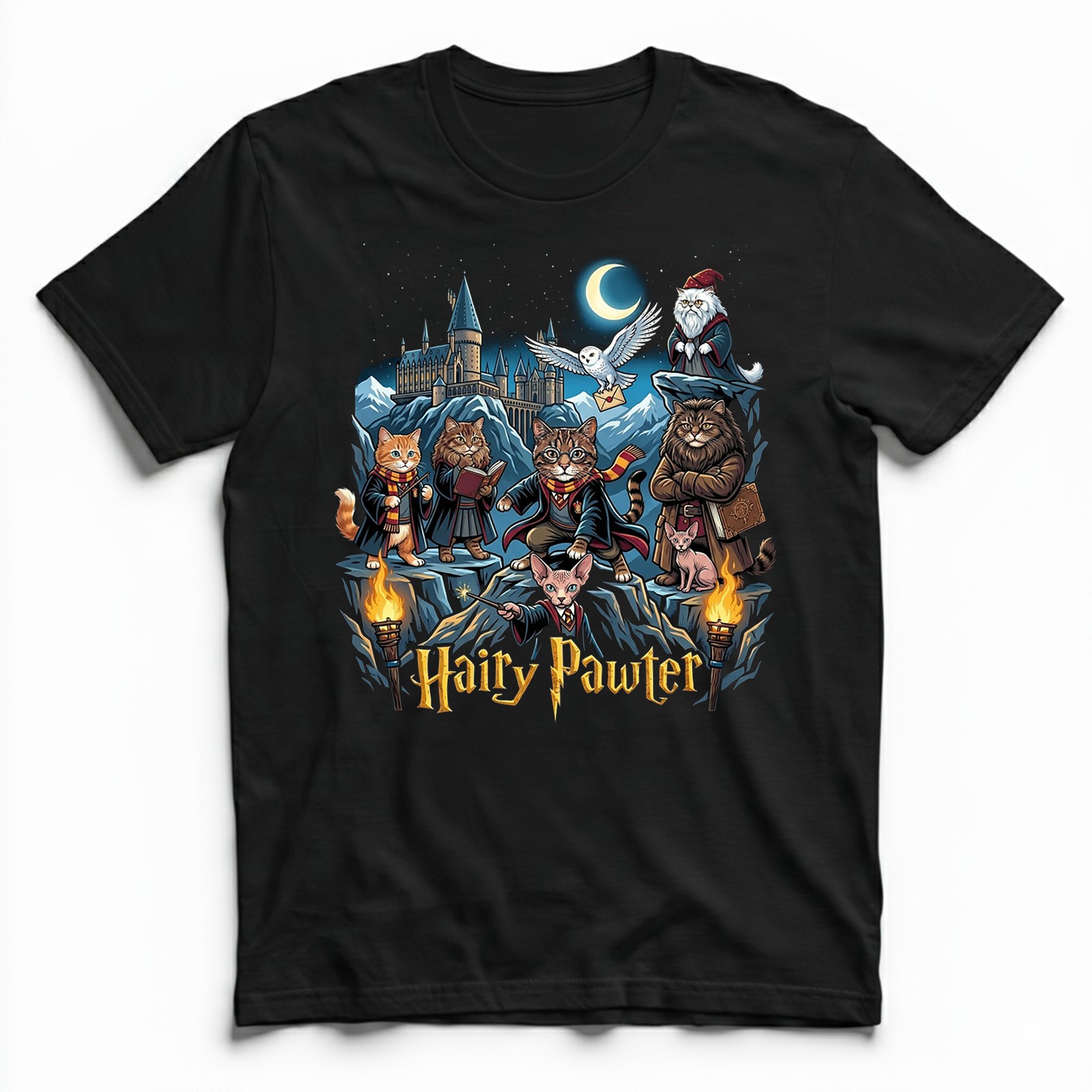 Hairy Pawter Wizard Magic Cat t-shirt Hogwarts Castle Kitten Owl Fantasy tee gallery