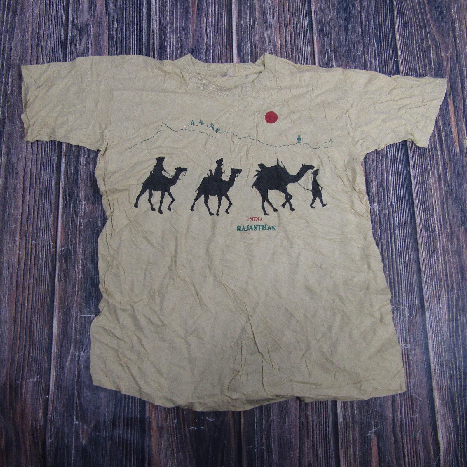Vintage India Rajasthan Shirt Mens 2XL Tan Camel Desert Graphic Tourist Tee 90s gallery
