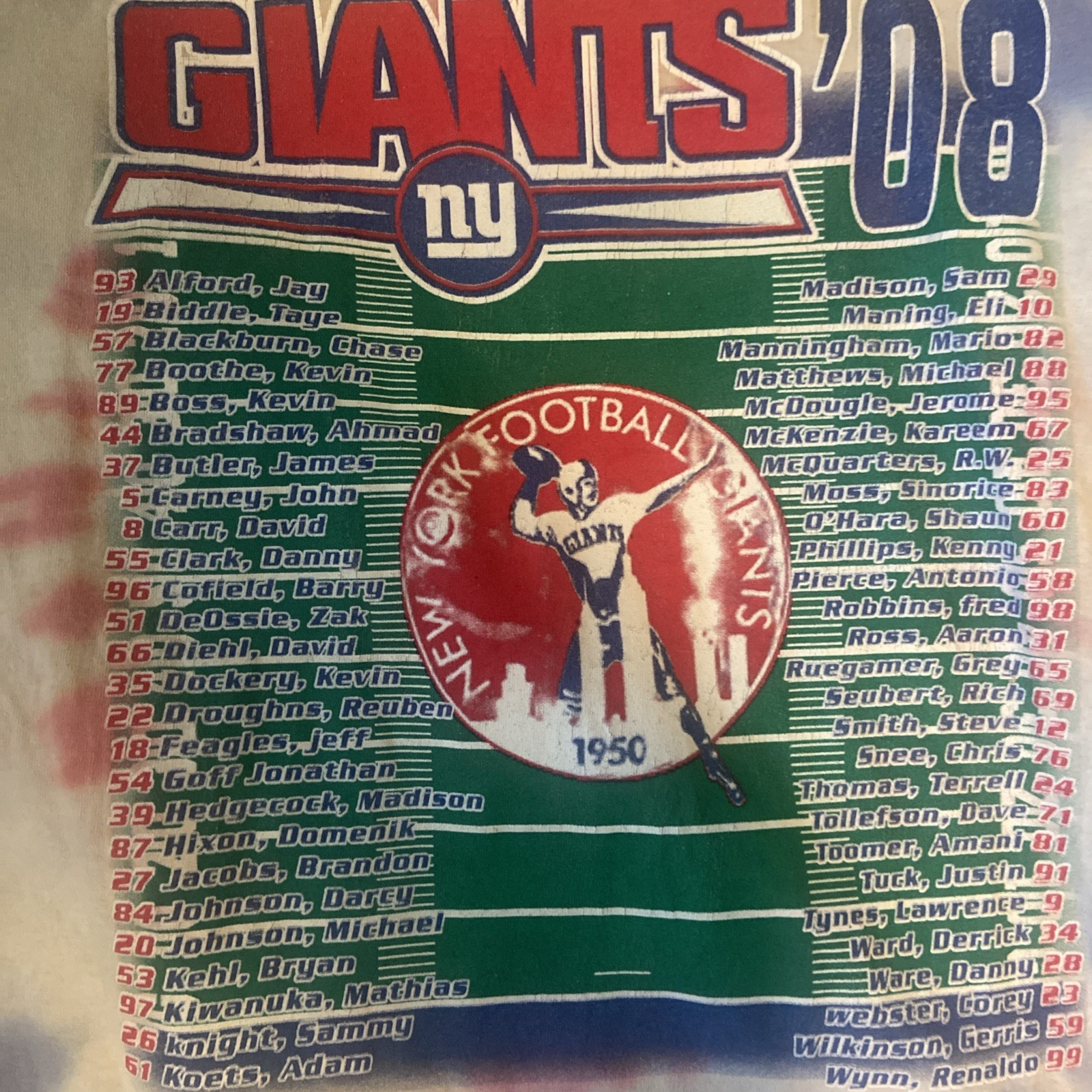 Y2K 2008New York Giants NFL Tie Dye All Over Double Sided T-shirt Red Blue Sz L gallery