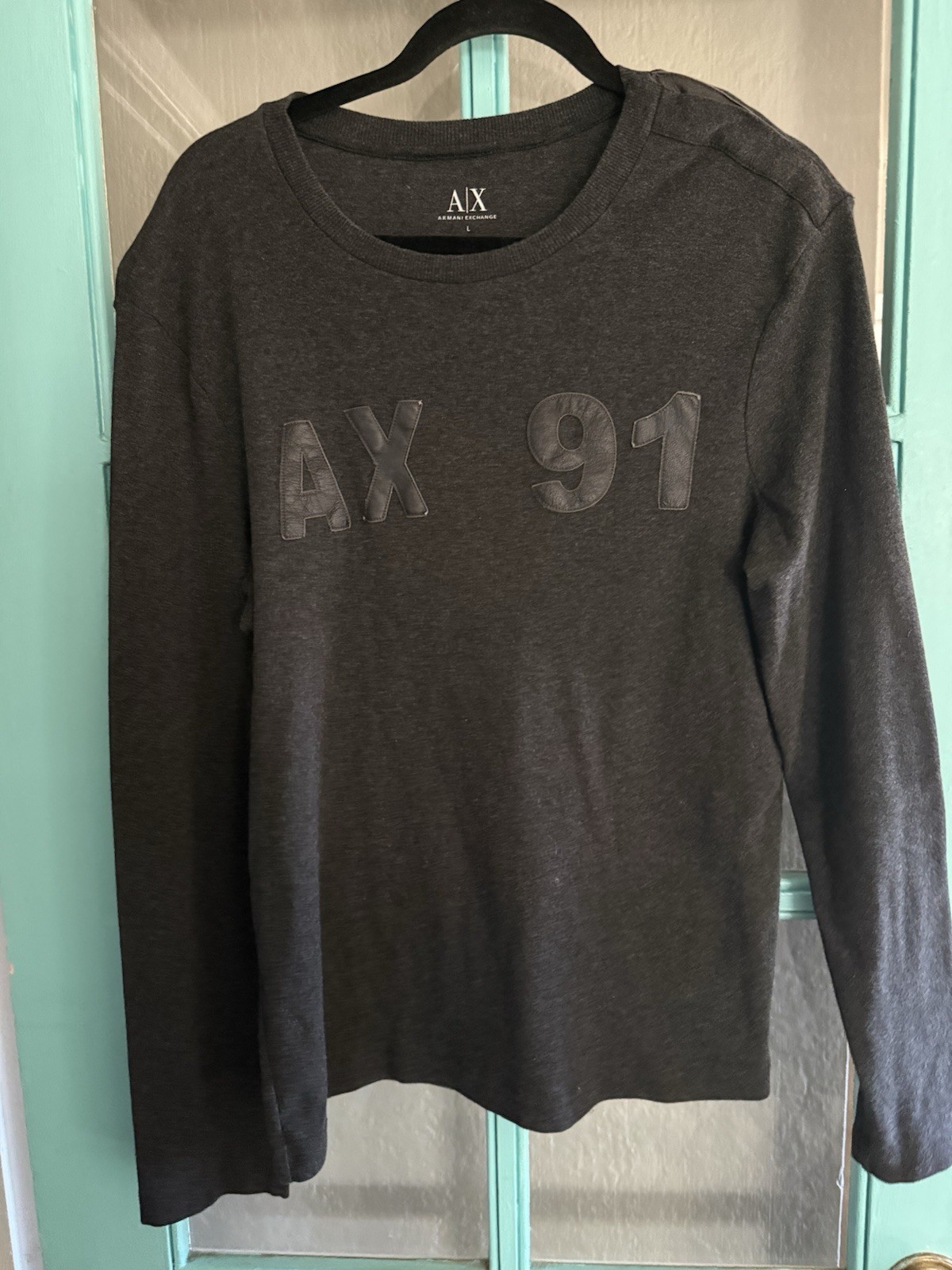 Armani Exchange AX Men’s Size L Gray Shirt Long Sleeve Leather Logo Print Top